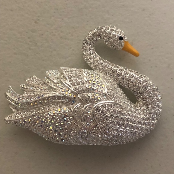 Joan Rivers Silver Tone Clear & AB Crystal Swan Brooch Pin